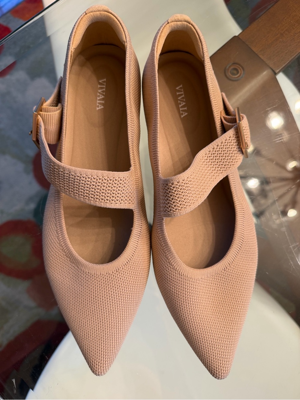 Vivaia Nude Pointed Mary Jane Flats with Buckle Strap